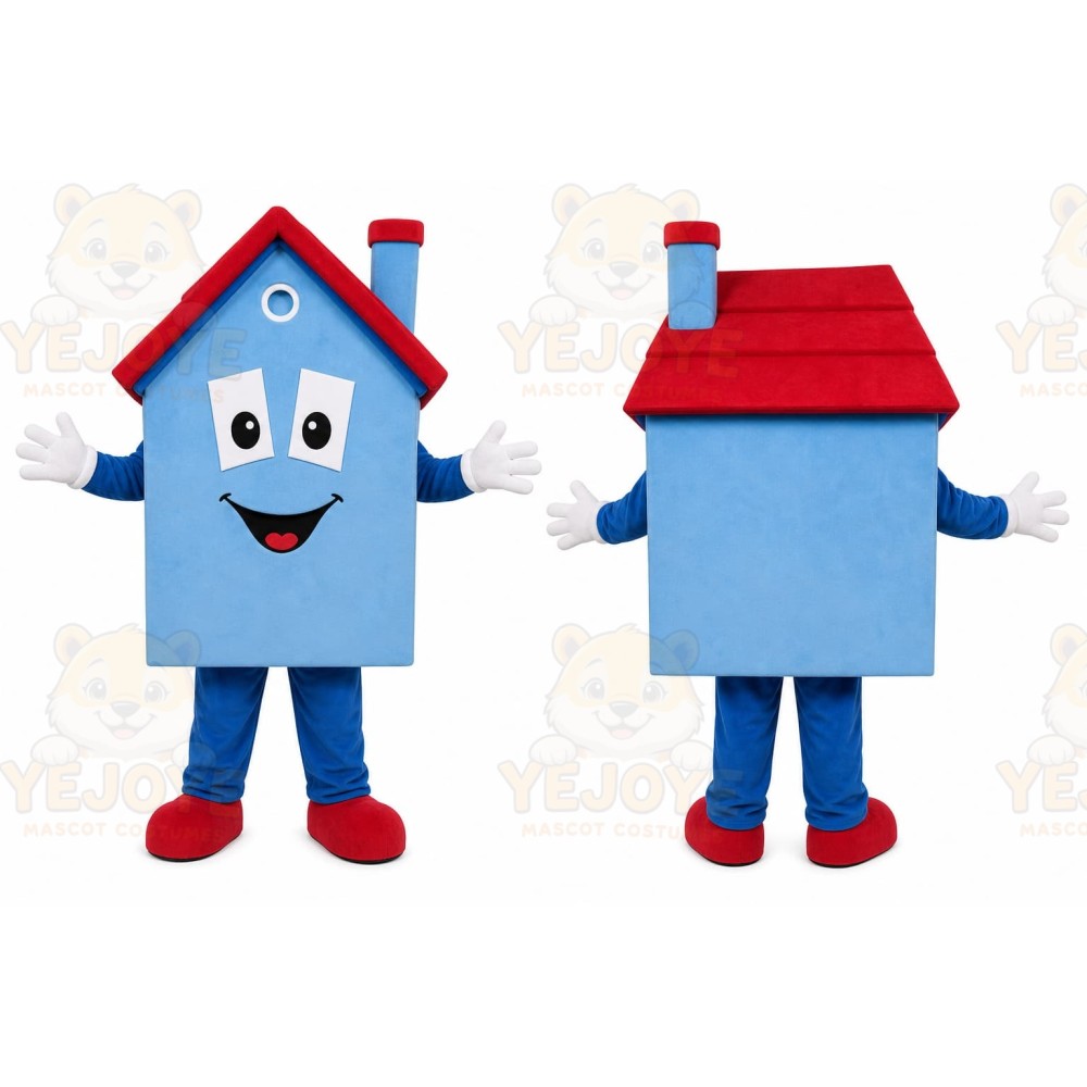 Blue House Mascot Costume with Custom Logo