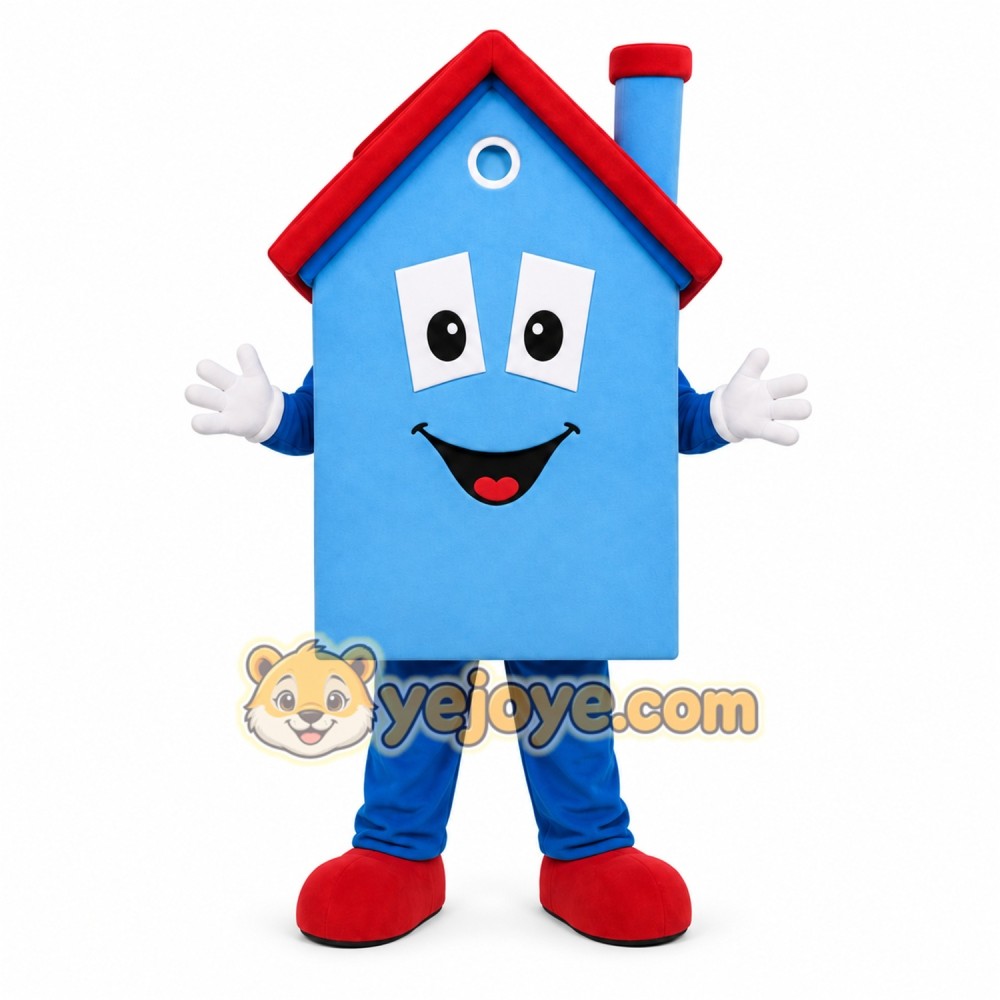 Blue House Mascot Costume with Custom Logo Blue House Mascot Costume with Custom Logo