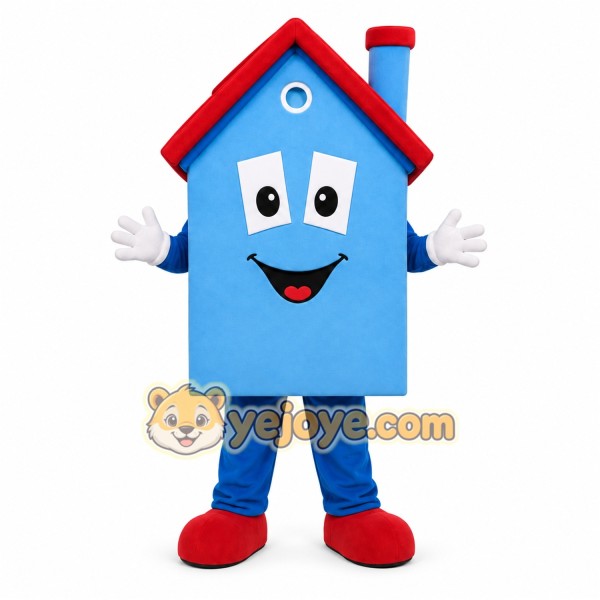 Blue House Mascot Costume with Custom Logo