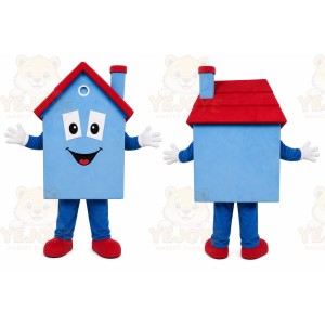 Blue House Mascot Costume with Custom Logo