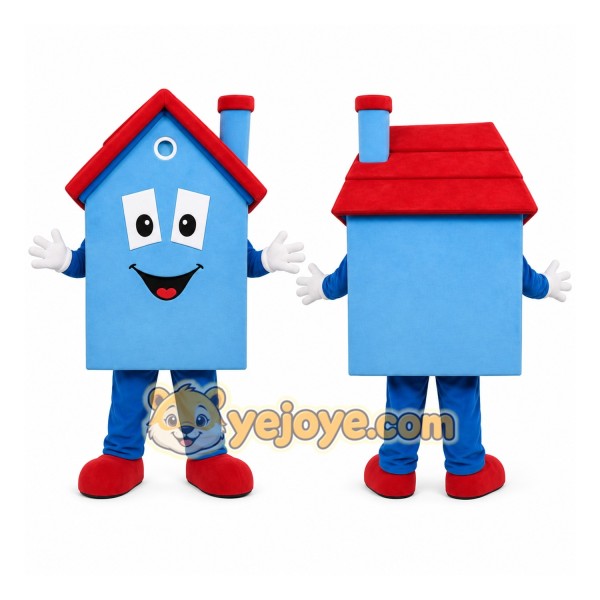 Blue House Mascot Costume with Custom Logo