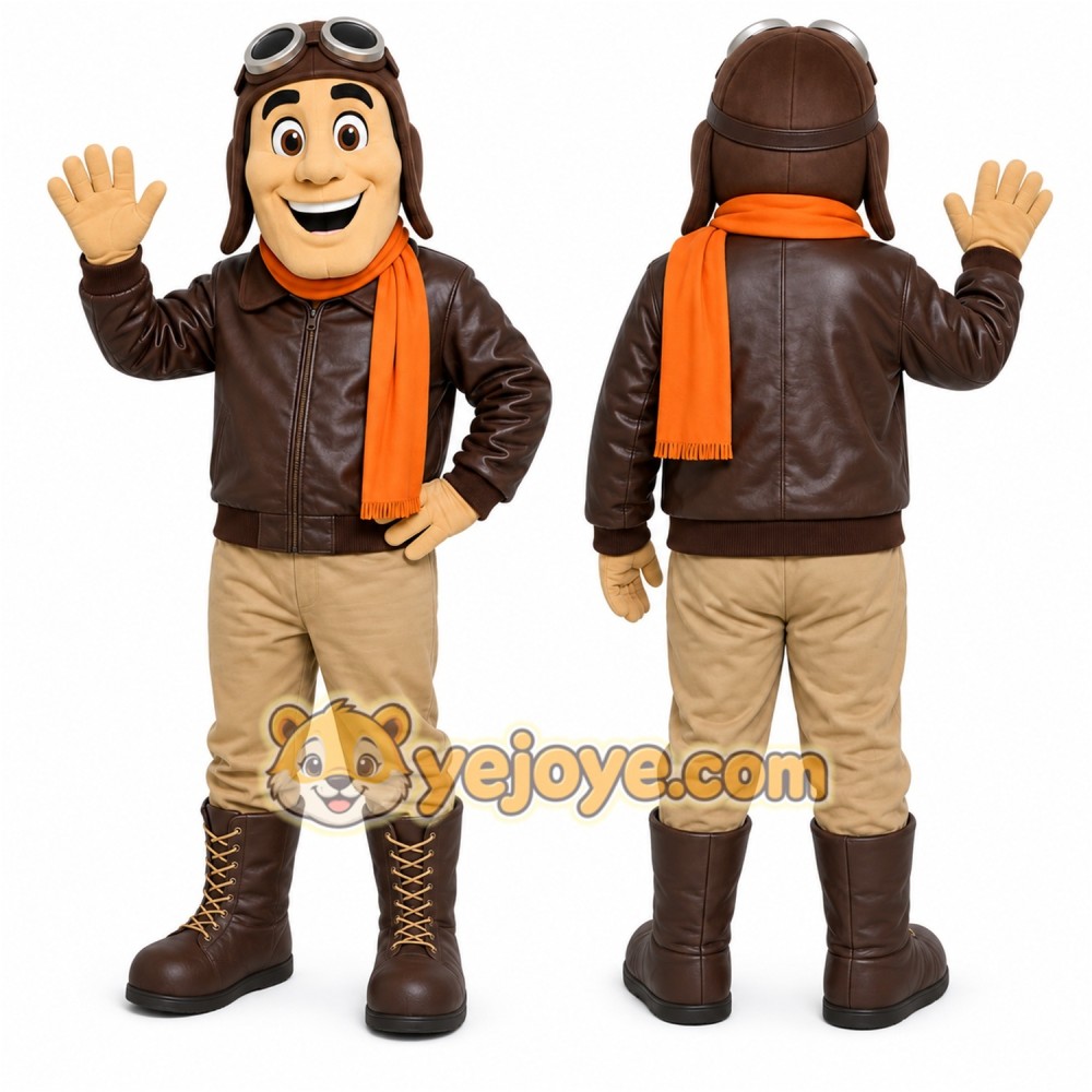 Brown Pilot Mascot Costume with Custom Logo