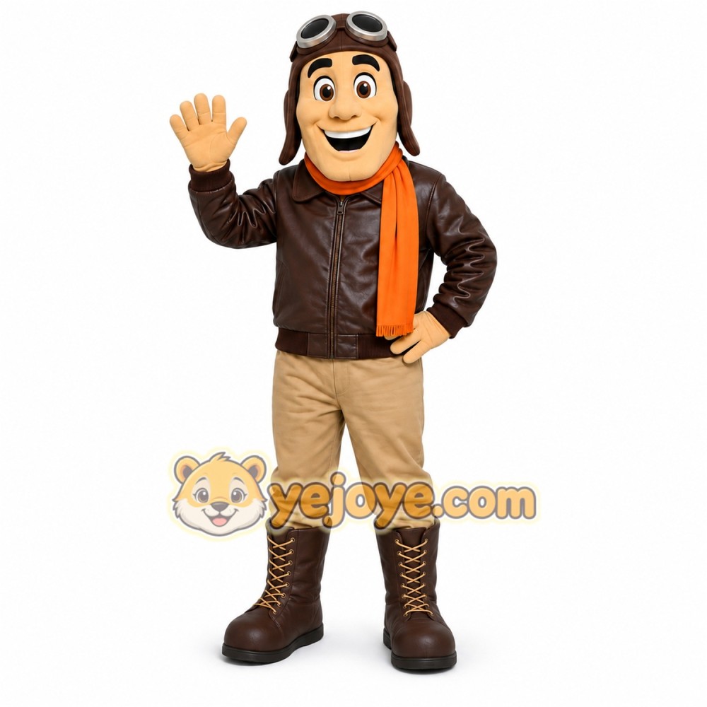 Brown Pilot Mascot Costume with Custom Logo