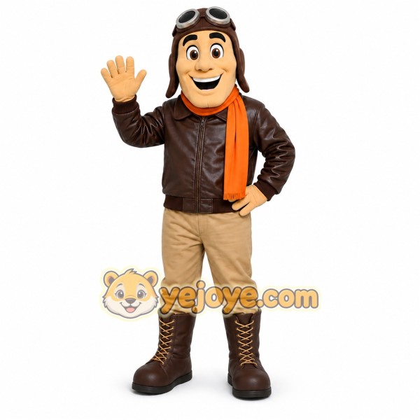 Brown Pilot Mascot Costume with Custom Logo