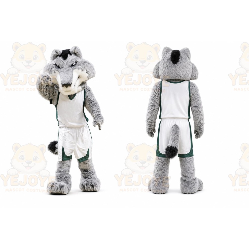 Gray Wolf Mascot Costume with Custom Logo