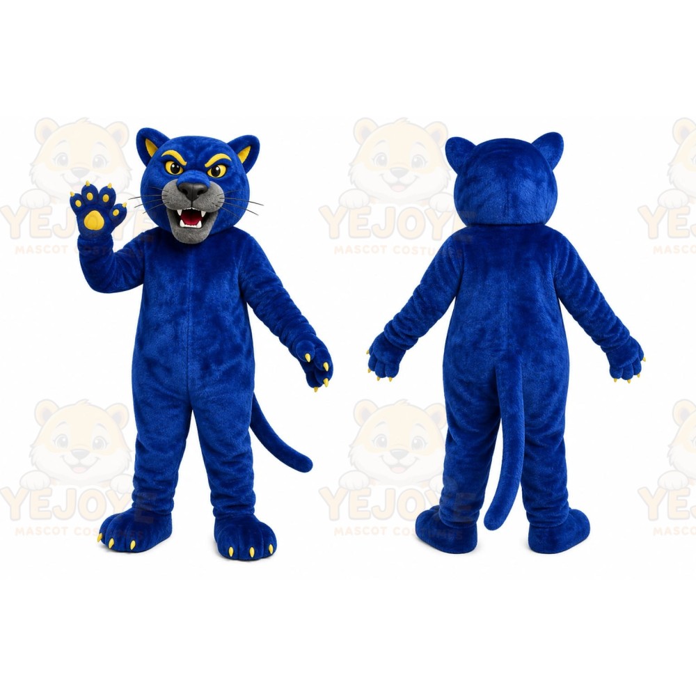 Blue Cougar Mascot Costume with Custom Logo