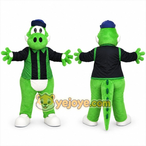 Green Dinosaur Mascot Costume with Custom Logo