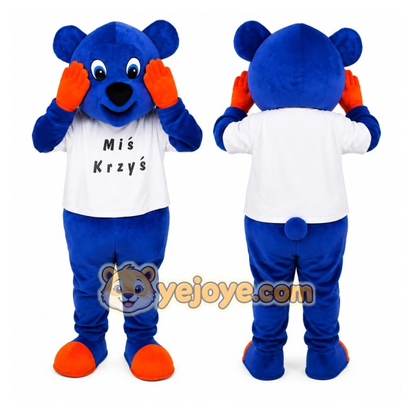 Blue Bear Mascot Costume with Custom Logo