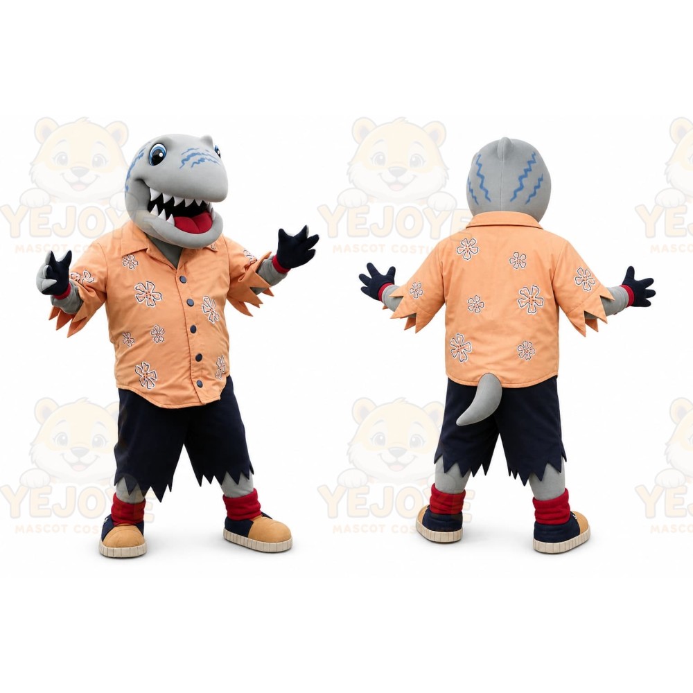 Gray Shark Mascot Costume with Custom Logo