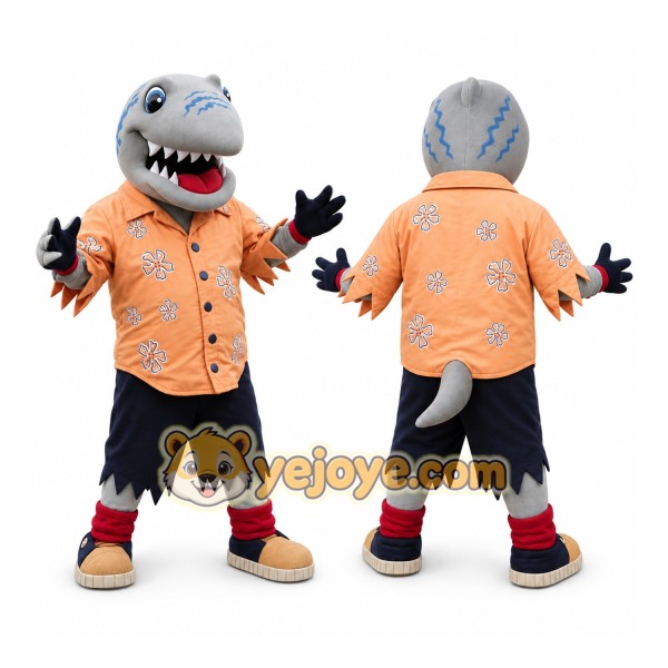 Gray Shark Mascot Costume with Custom Logo
