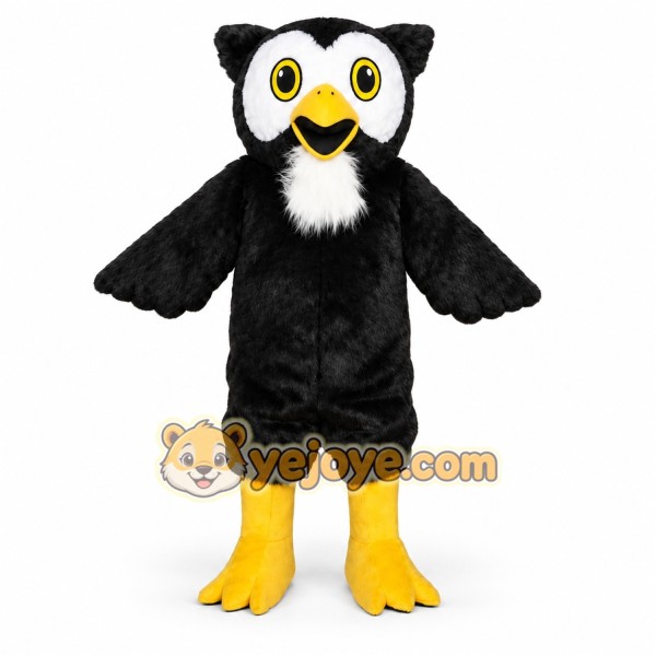 Black Owl Mascot Costume with Custom Logo