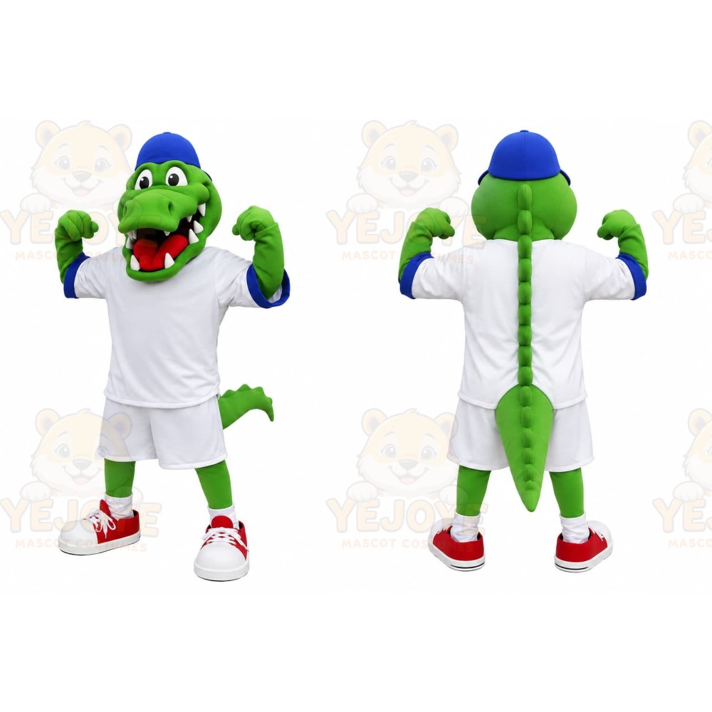 Green Alligator Mascot Costume with Custom Logo