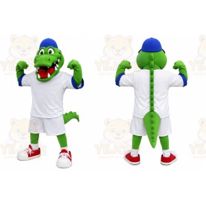 Green Alligator Mascot Costume with Custom Logo