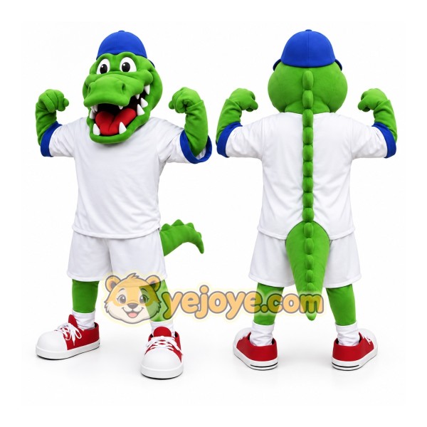 Green Alligator Mascot Costume with Custom Logo