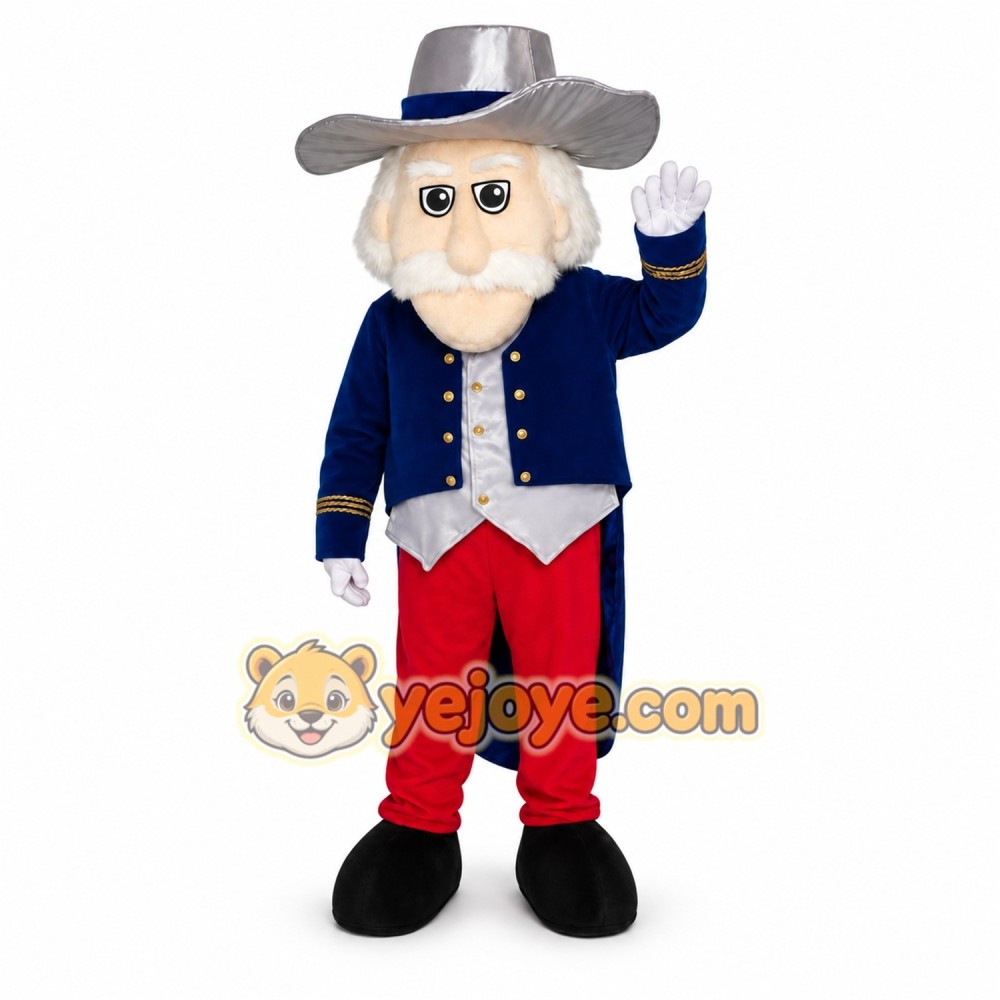 White Haired Man in Blue Coat Mascot Costume with Custom Logo White Haired Man in Blue Coat Mascot Costume with Custom Logo