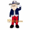 White Haired Man in Blue Coat Mascot Costume with Custom Logo White Haired Man in Blue Coat Mascot Costume with Custom Logo