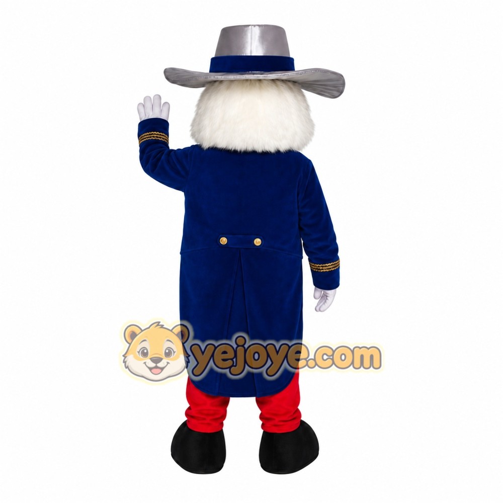 White Haired Man in Blue Coat Mascot Costume with Custom Logo White Haired Man in Blue Coat Mascot Costume with Custom Logo