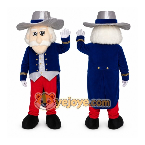 White Haired Man in Blue Coat Mascot Costume with Custom Logo