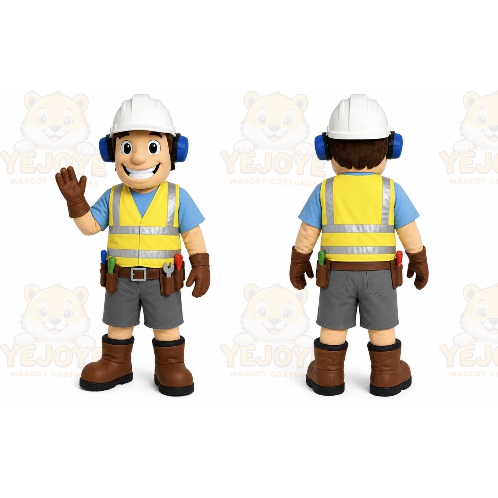 Yellow Worker Mascot Costume with Custom Logo