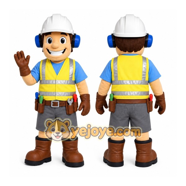 Yellow Worker Mascot Costume with Custom Logo