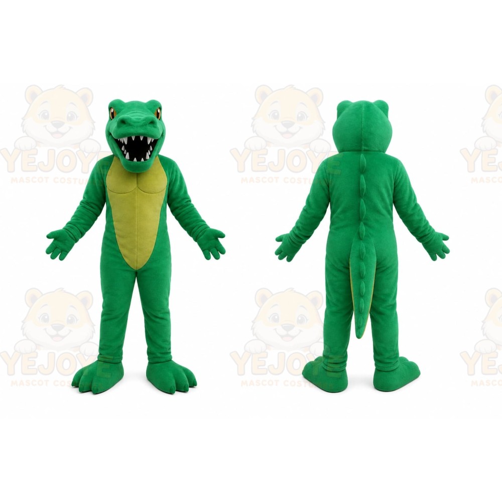 Green Dinosaur Mascot Costume with Custom Logo