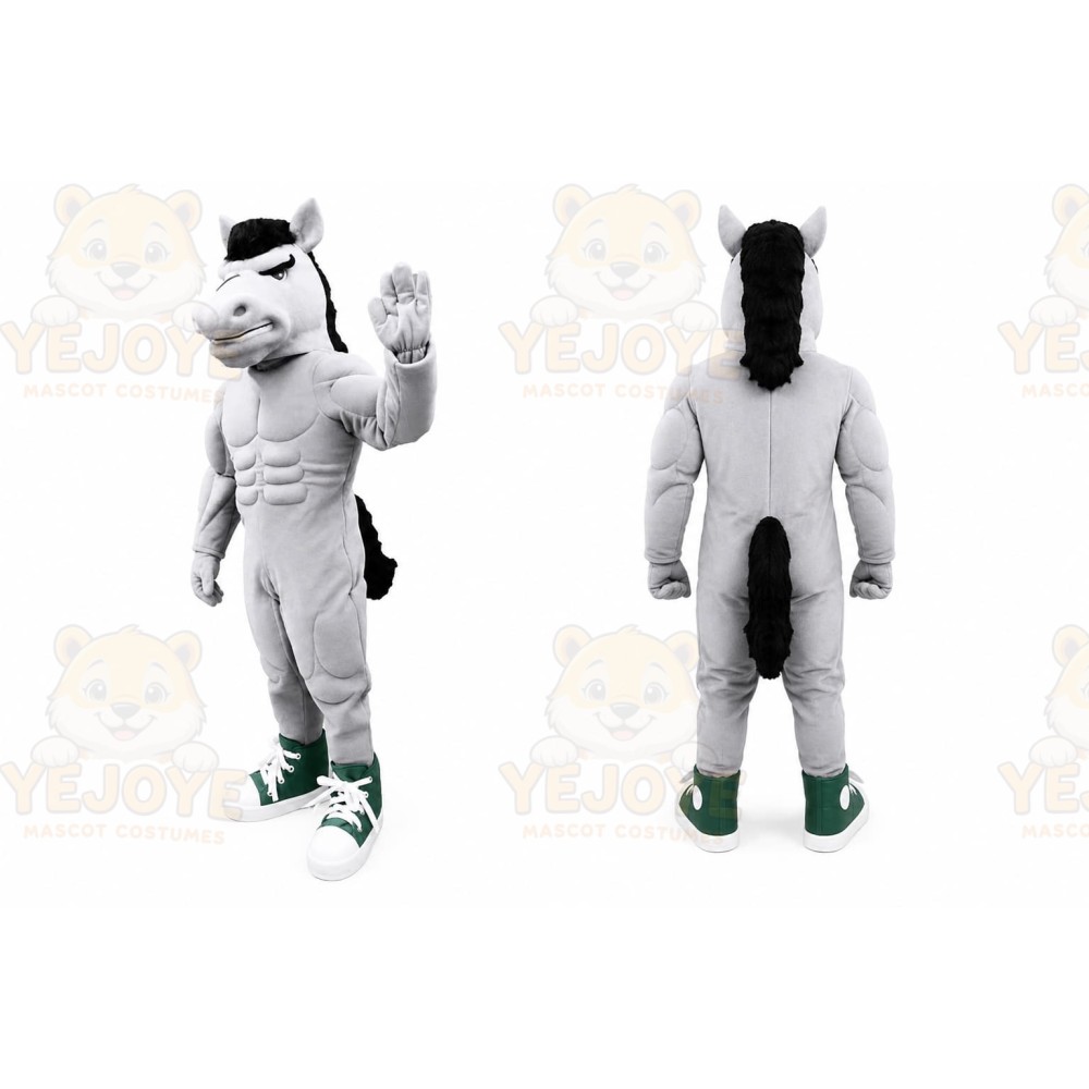 Gray Horse Mascot Costume with Custom Logo
