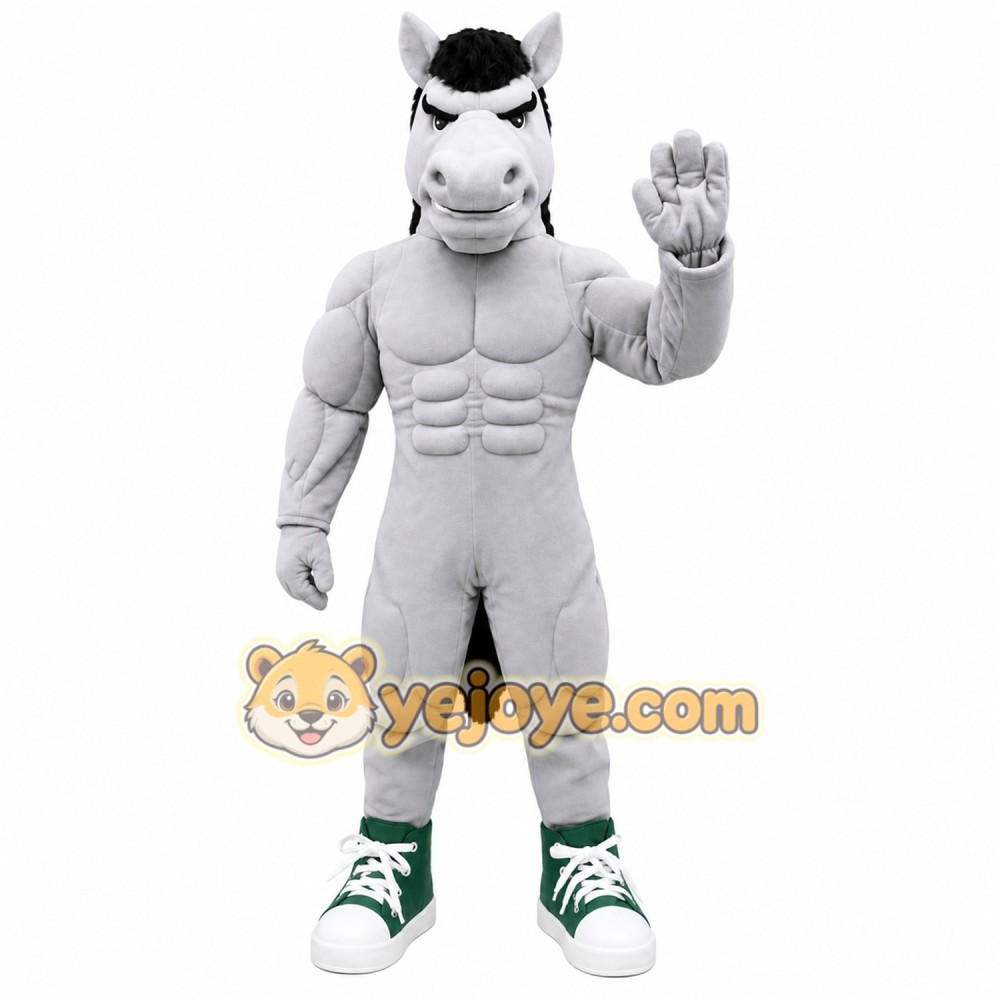 Gray Horse Mascot Costume with Custom Logo
