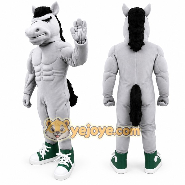 Gray Horse Mascot Costume with Custom Logo