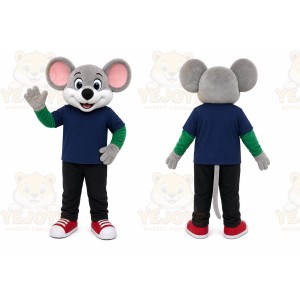 Gray Mouse Mascot Costume with Custom Logo