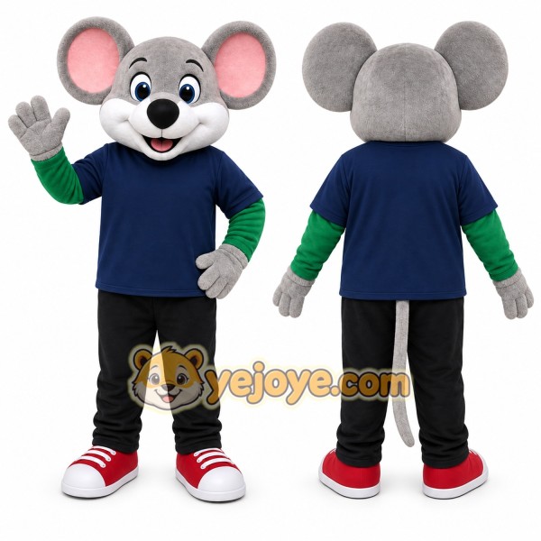 Gray Mouse Mascot Costume with Custom Logo