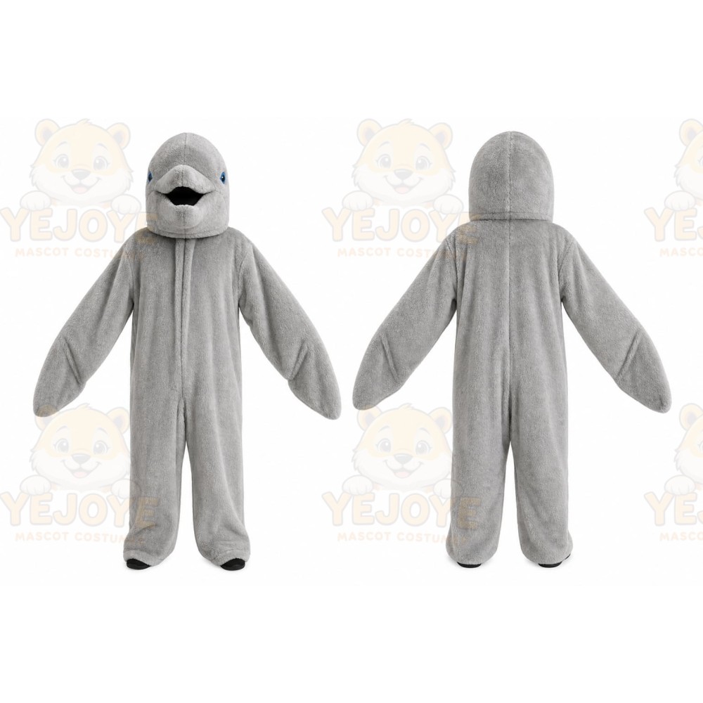 Gray Dolphin Mascot Costume with Custom Logo