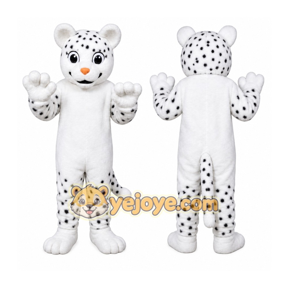 White Leopard Mascot Costume with Custom Logo