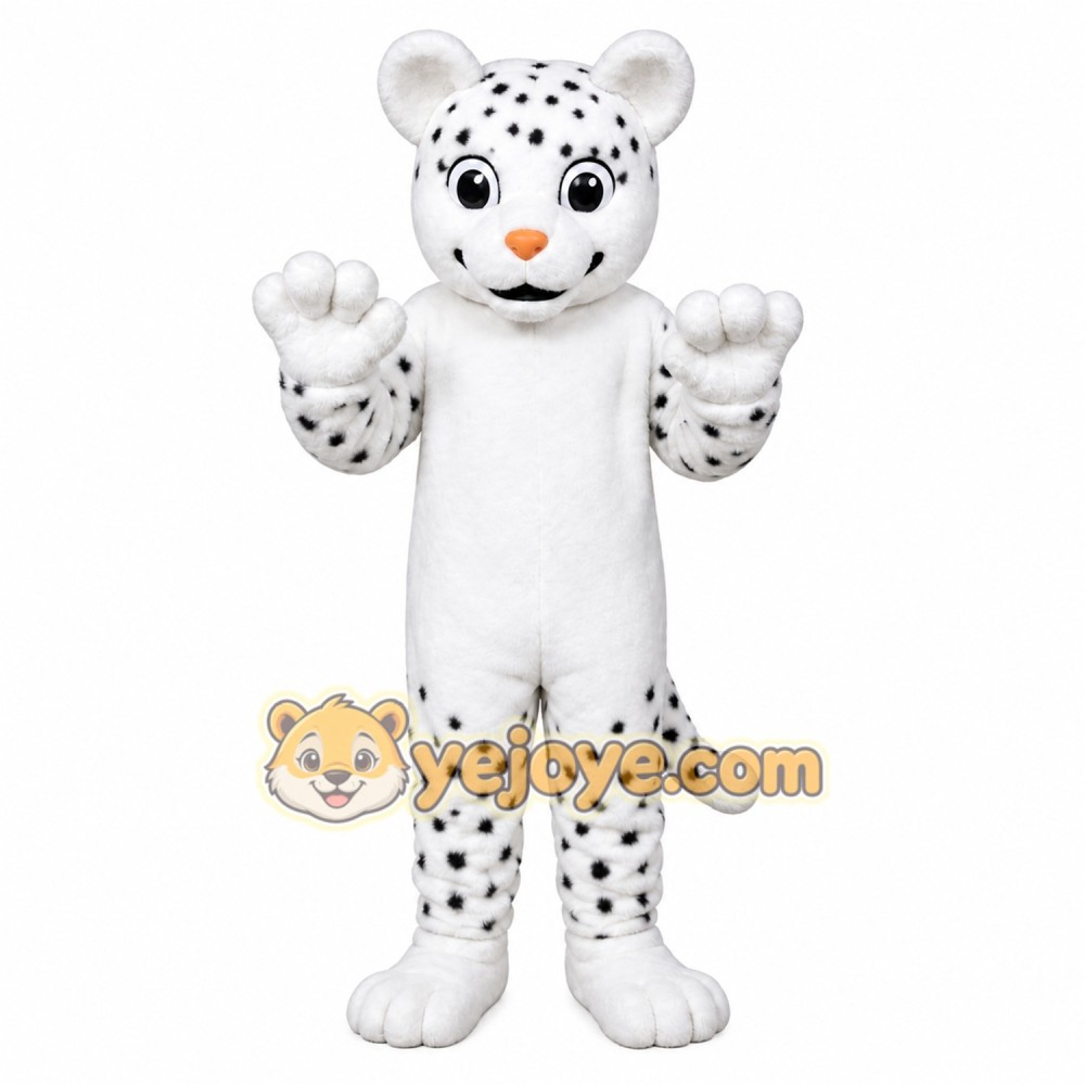 White Leopard Mascot Costume with Custom Logo
