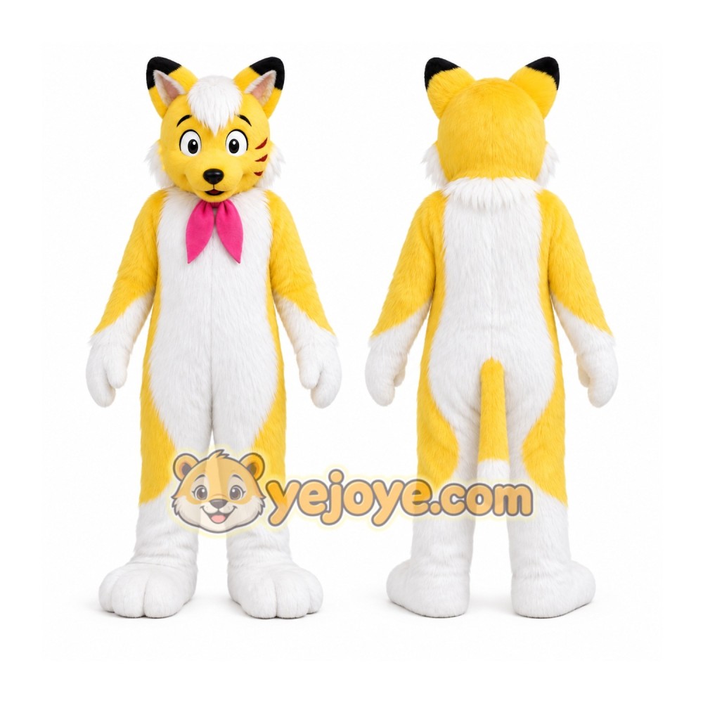 Yellow Fox Mascot Costume with Custom Logo