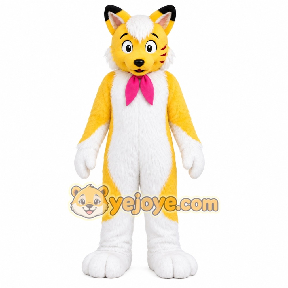 Yellow Fox Mascot Costume with Custom Logo