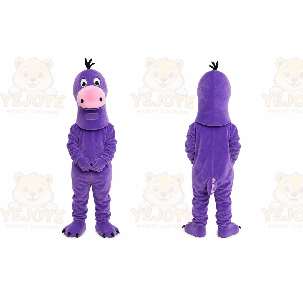 Purple Dinosaur Mascot Costume with Custom Logo