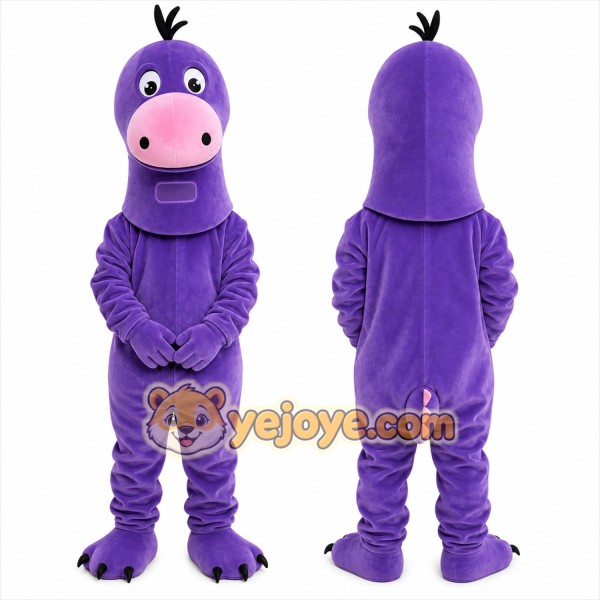 Purple Dinosaur Mascot Costume with Custom Logo