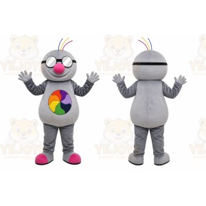 Gray Round Character With Glasses Mascot Costume for Events and Promotions