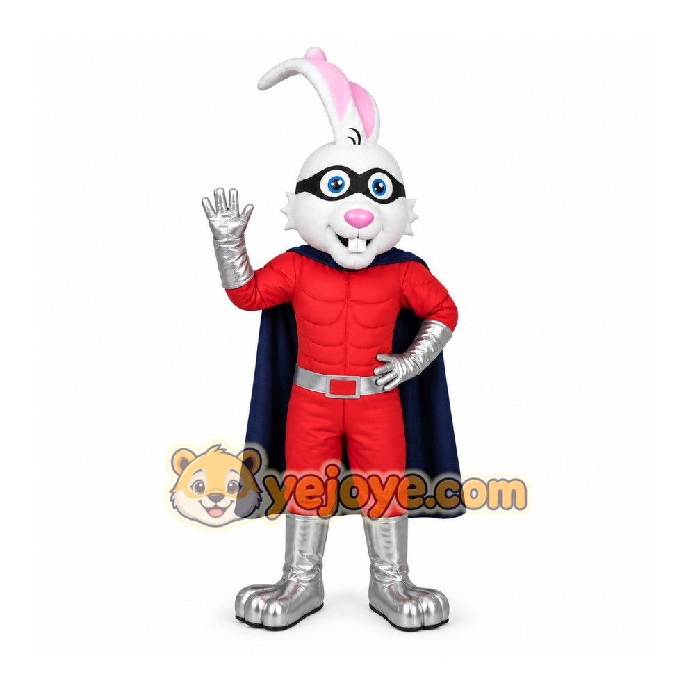 White Superhero Rabbit Mascot Costume for Events and Promotions White Superhero Rabbit Mascot Costume for Events and Promotions