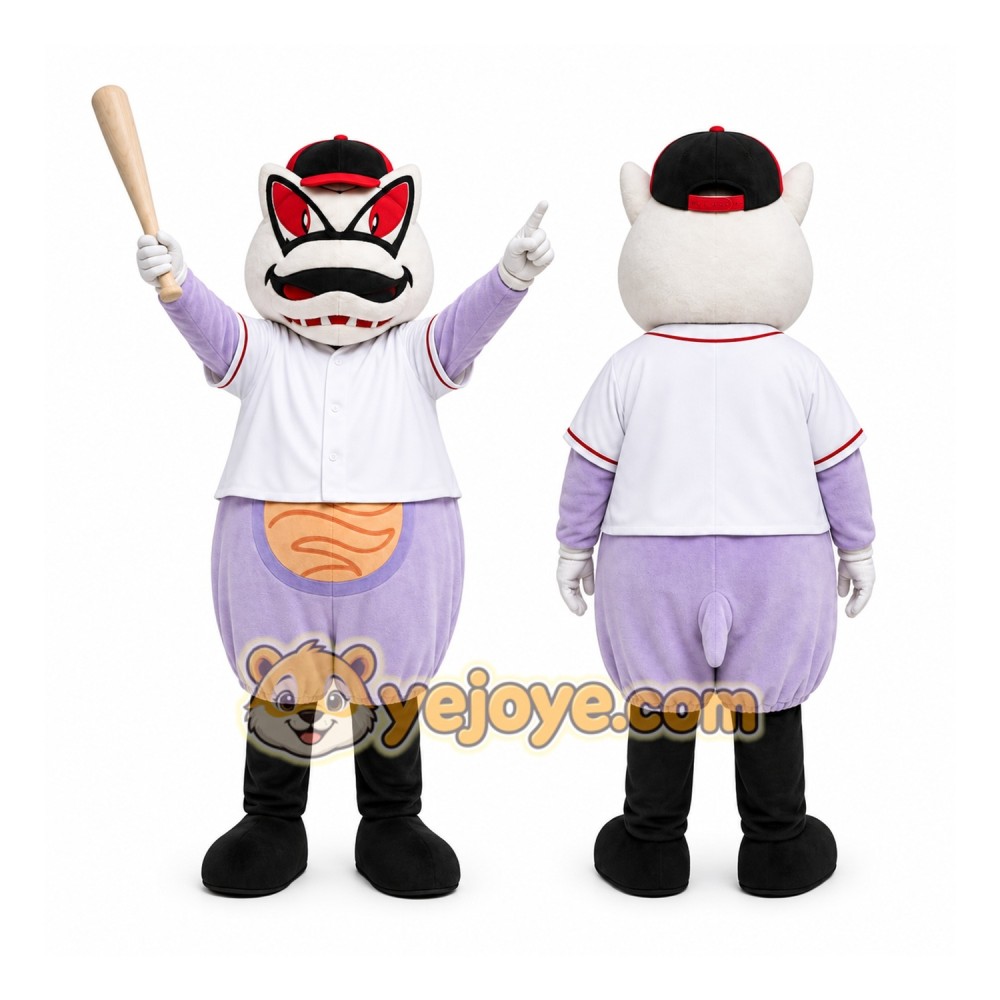Purple Cat With Baseball Bat Mascot Costume for Sports Events Purple Cat With Baseball Bat Mascot Costume for Sports Events