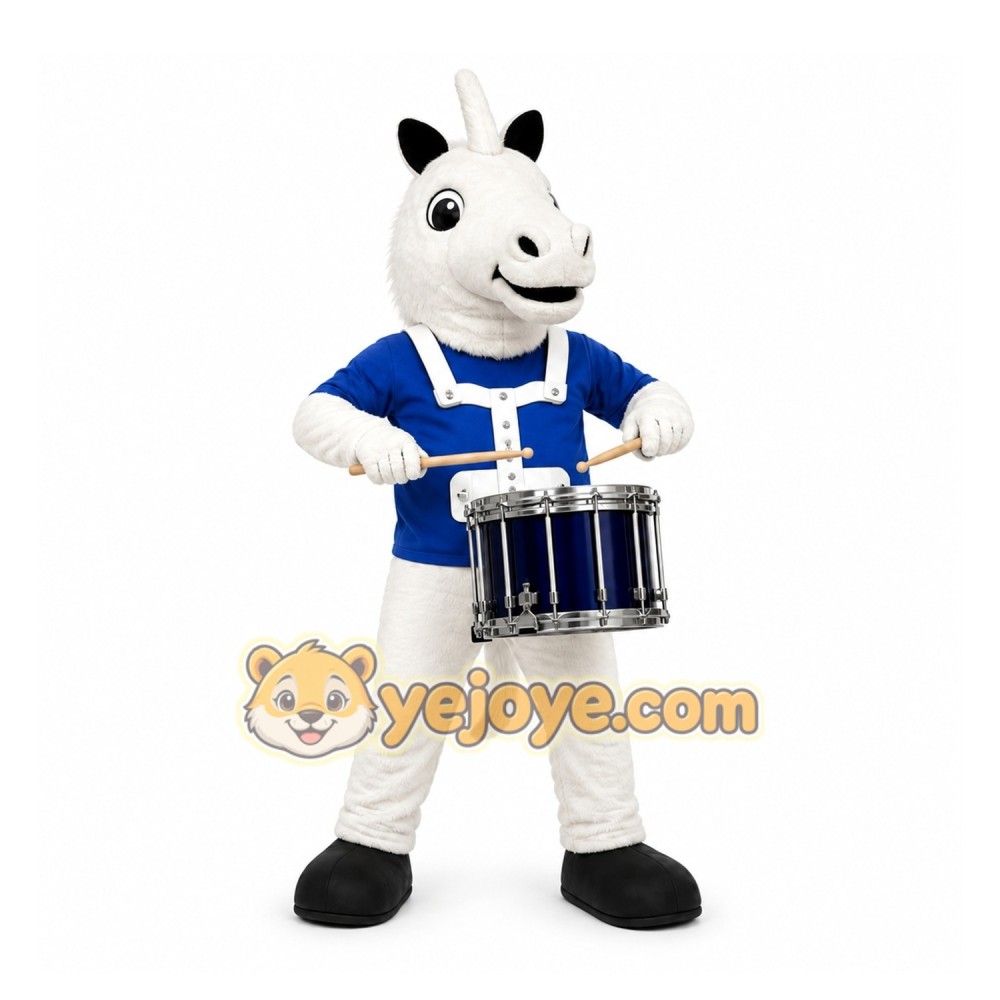 White Unicorn Playing Drum Mascot Costume for School Events White Unicorn Playing Drum Mascot Costume for School Events
