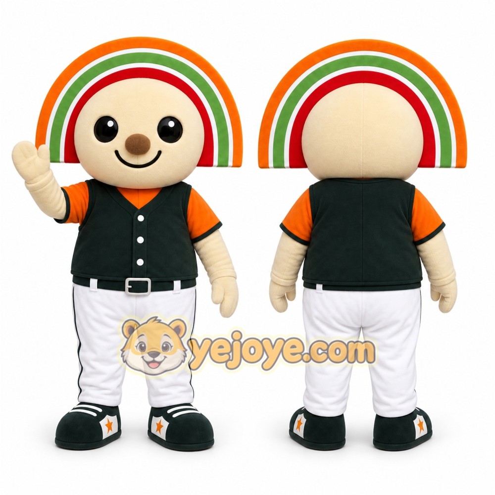 Orange Smiling Character With Rainbow Hat Mascot Costume for Events and Promotions Orange Smiling Character With Rainbow Hat Mascot Costume for Events and Promotions