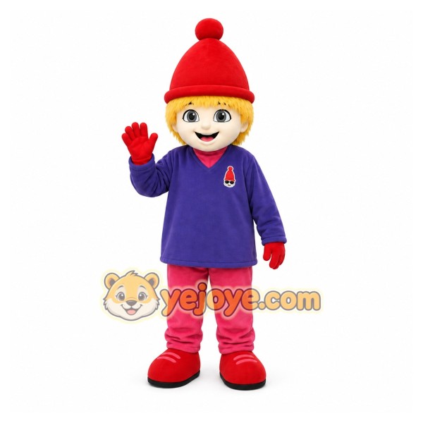 Blond Child in Purple Shirt Mascot Costume for Events and Promotions