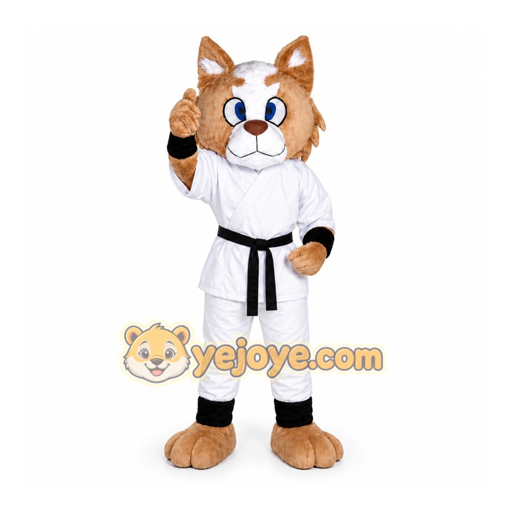White Cat In Martial Arts Uniform Mascot Costume for School Events White Cat In Martial Arts Uniform Mascot Costume for School Events