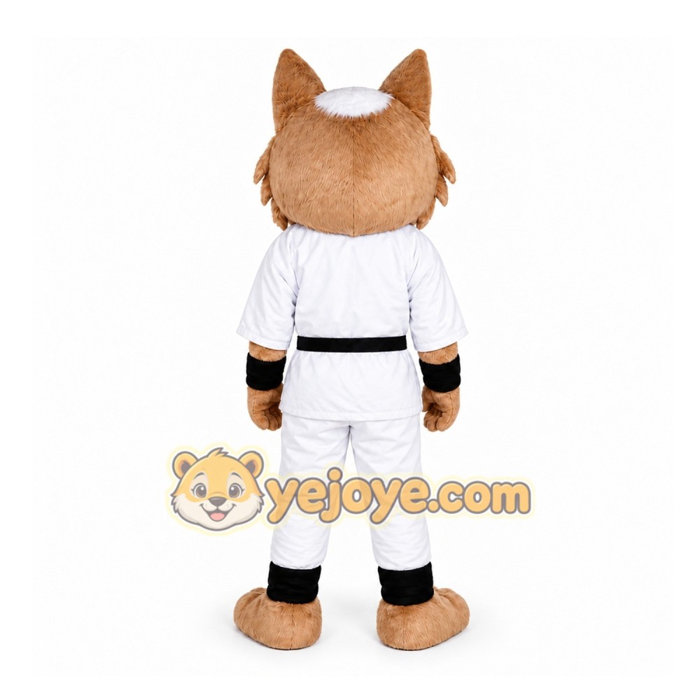 White Cat In Martial Arts Uniform Mascot Costume for School Events White Cat In Martial Arts Uniform Mascot Costume for School Events