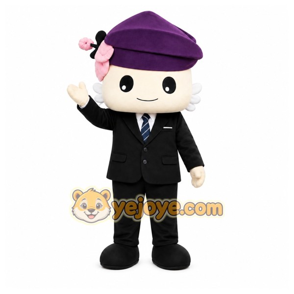 Purple Person With Large Head And Hat Mascot Costume for Corporate Events