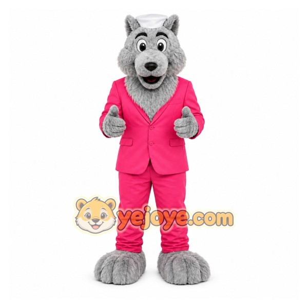Gray Wolf in Pink Suit Mascot Costume for Events and Promotions