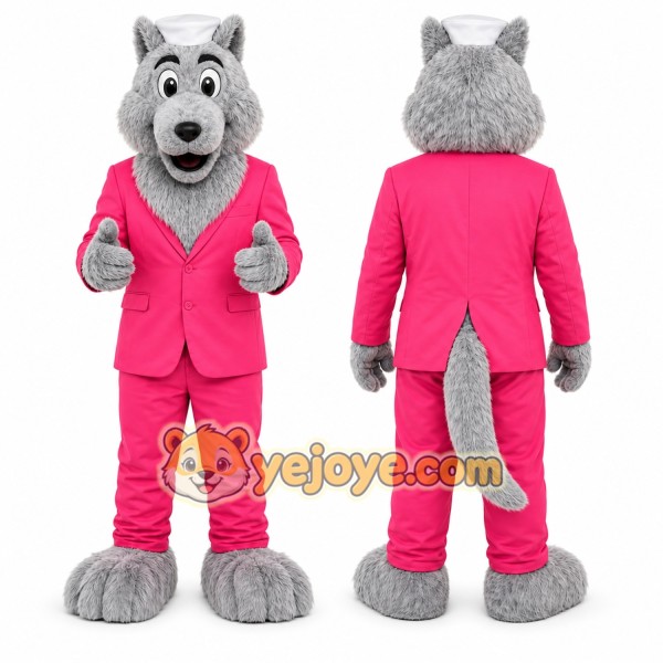 Gray Wolf in Pink Suit Mascot Costume for Events and Promotions
