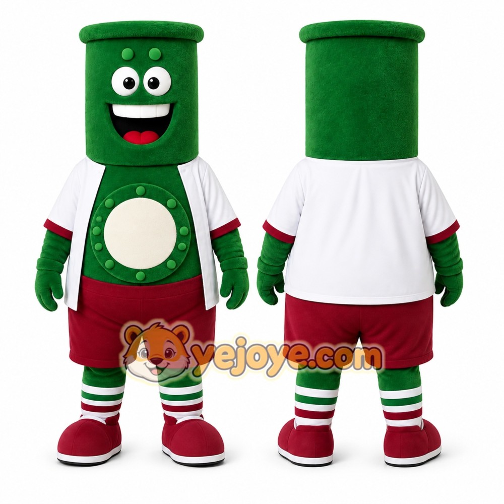 Green Cylindrical Robot Mascot Costume for Events and Promotions