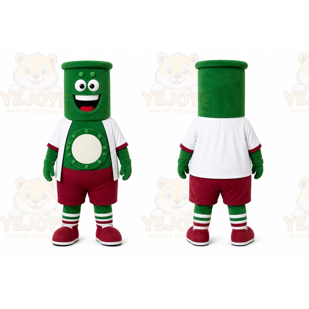 Green Cylindrical Robot Mascot Costume for Events and Promotions